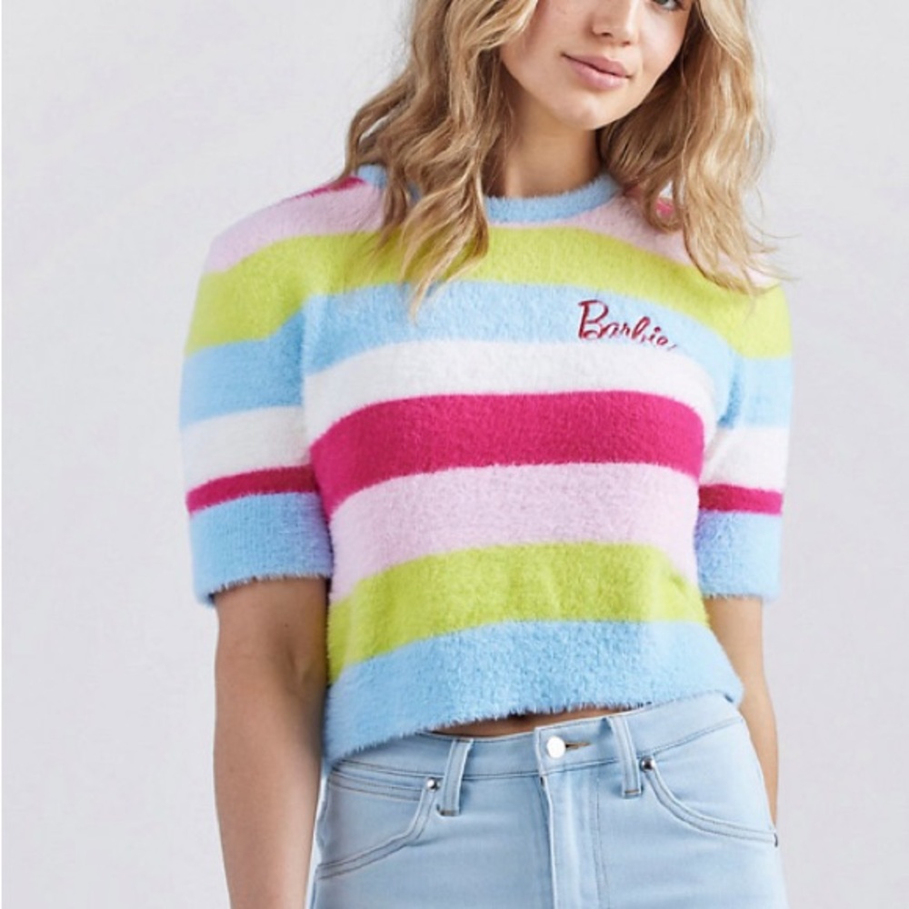 Barbie Cropped Stripe Fuzzy Top